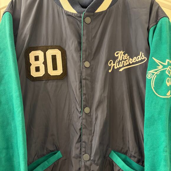 Flawed The Hundreds "Drawing Lines" Varsity Jacket XL Navy Green Adam Bomb Y2K - Picture 3 of 9